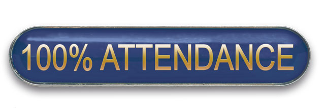 100% ATTENDANCE badge blue (pack of 5)