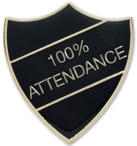 100% ATTENDANCE black and gold badge (pack of 5)
