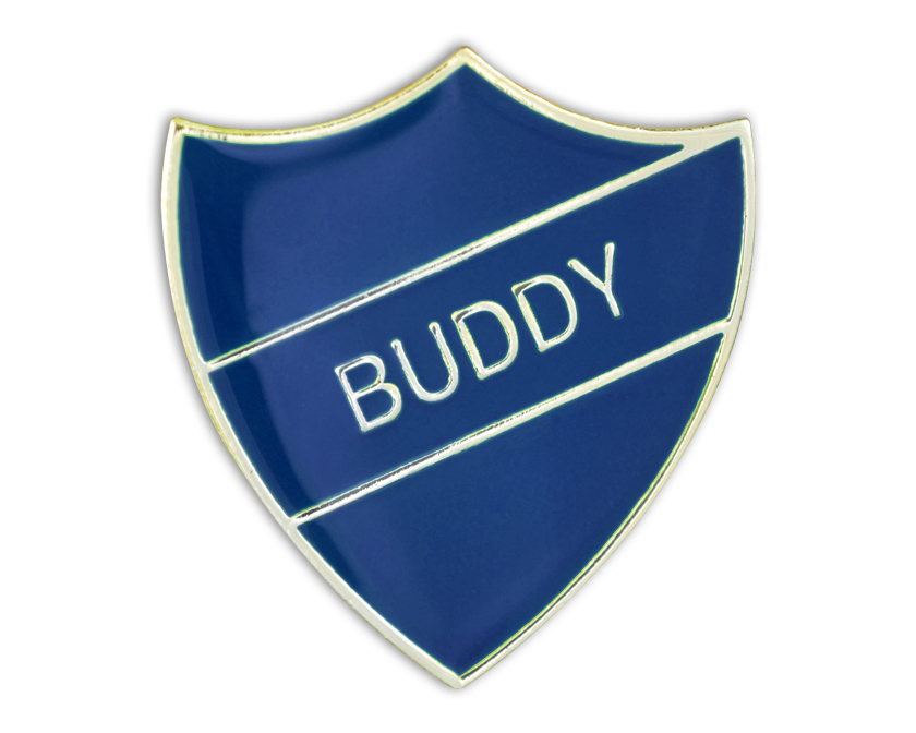 BUDDY blue and gold badge (pack of 5)