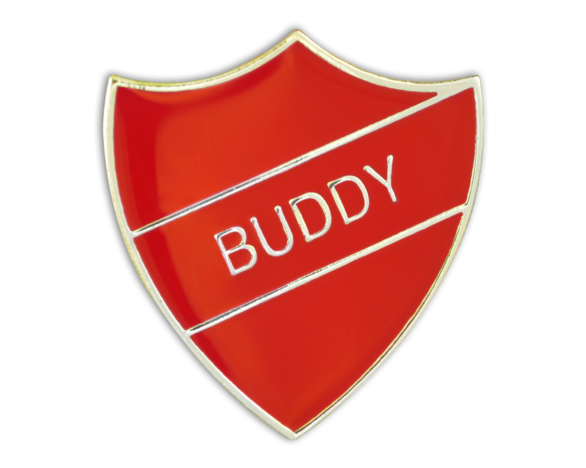 BUDDY Red and gold badge (pack of 5)