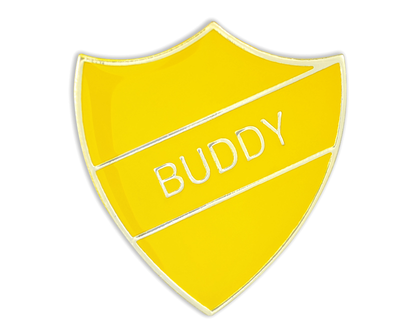 BUDDY Yellow and gold badge (pack of 5)
