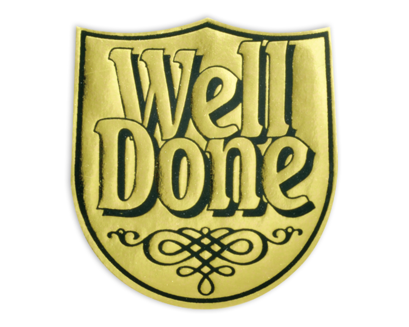 Well Done shield sticker (metallic)