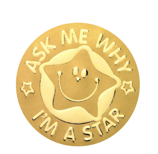 Metallic gold embossed 'Ask me why I'm a star' sticker