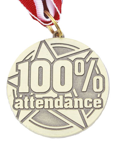100% Attendance medal with neck ribbon