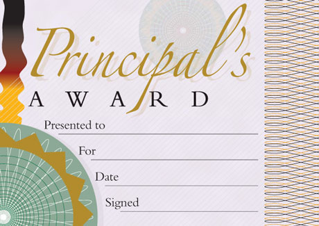 Principal's Award banknote style certificate