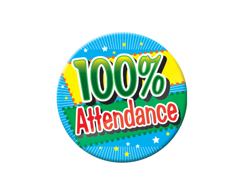 100% ATTENDANCE (blue) Button Badge