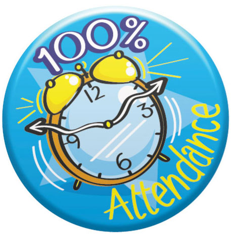 100% ATTENDANCE Button Badge in blue